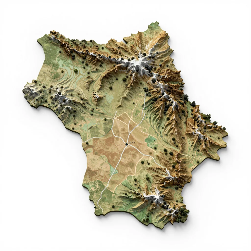Isometric 3D topographic visualization showing elevation and terrain of Makwata, Botswana