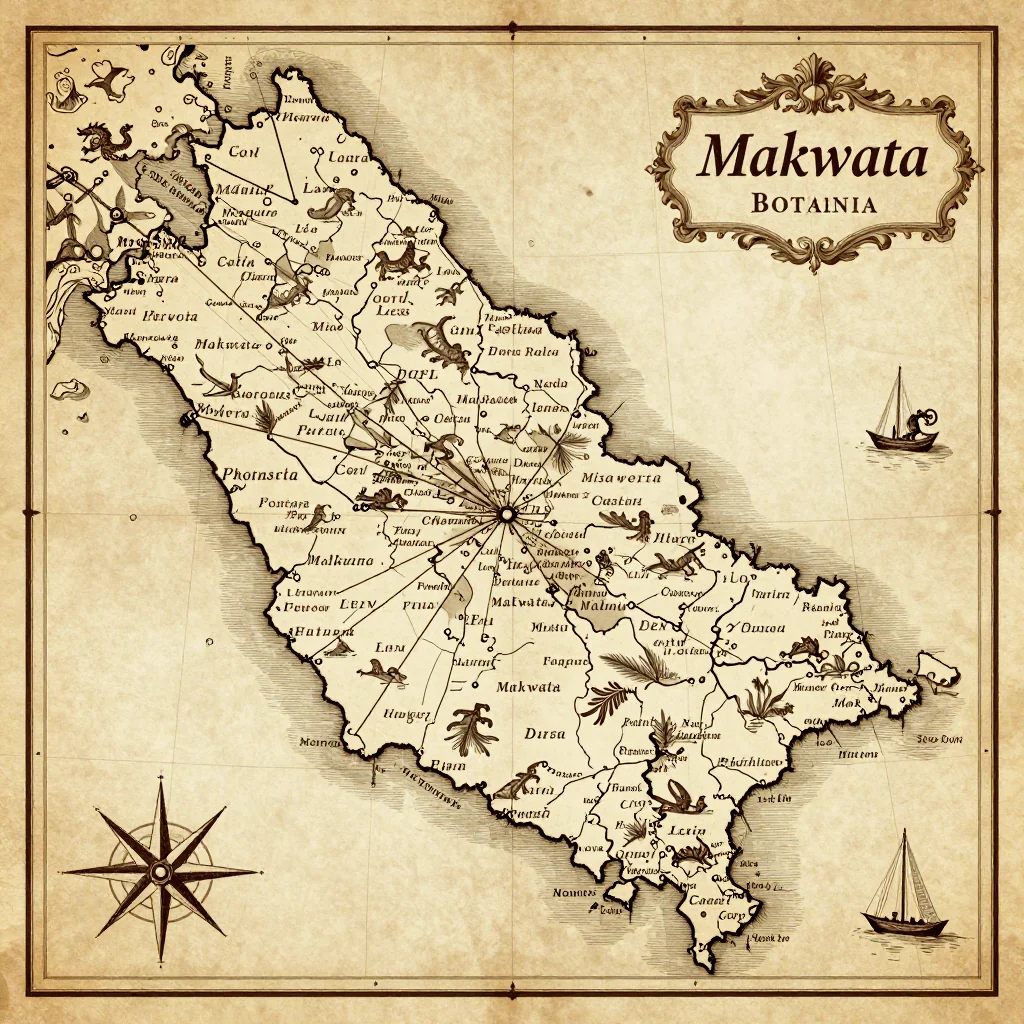 Antique vintage map of Makwata, Botswana showing historical cartography style