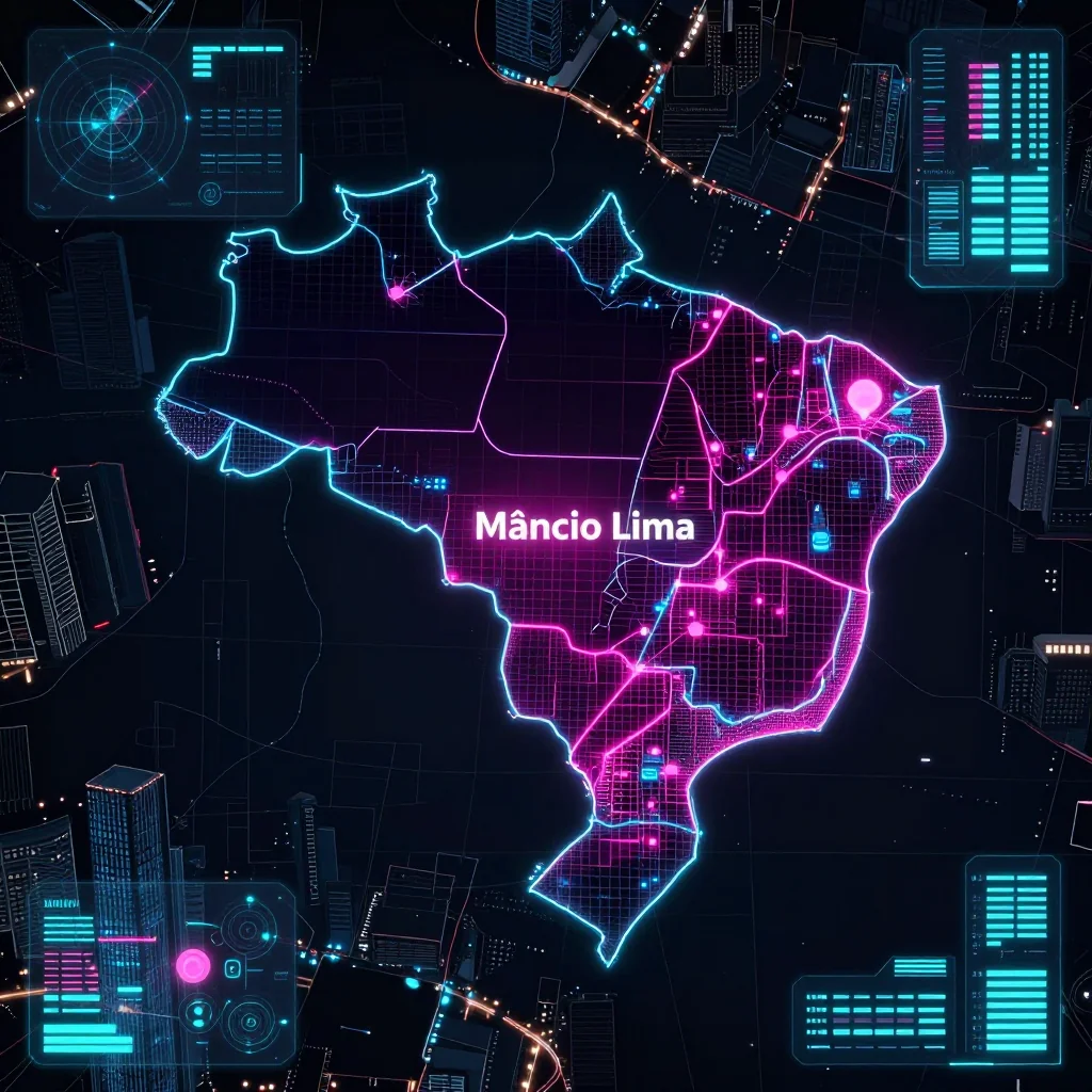 Cyberpunk style digital map of Mâncio Lima, Brazil with neon grid lines and futuristic UI design