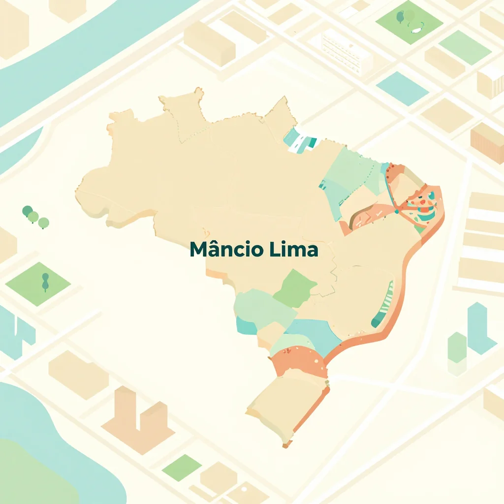 Isometric flat design tourist map of Mâncio Lima, Brazil showing landmarks, attractions, and points of interest
