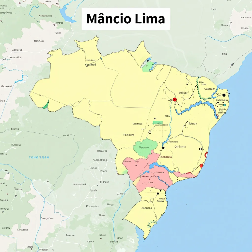Political map showing borders, administrative divisions, major cities, and capital of Mâncio Lima, Brazil
