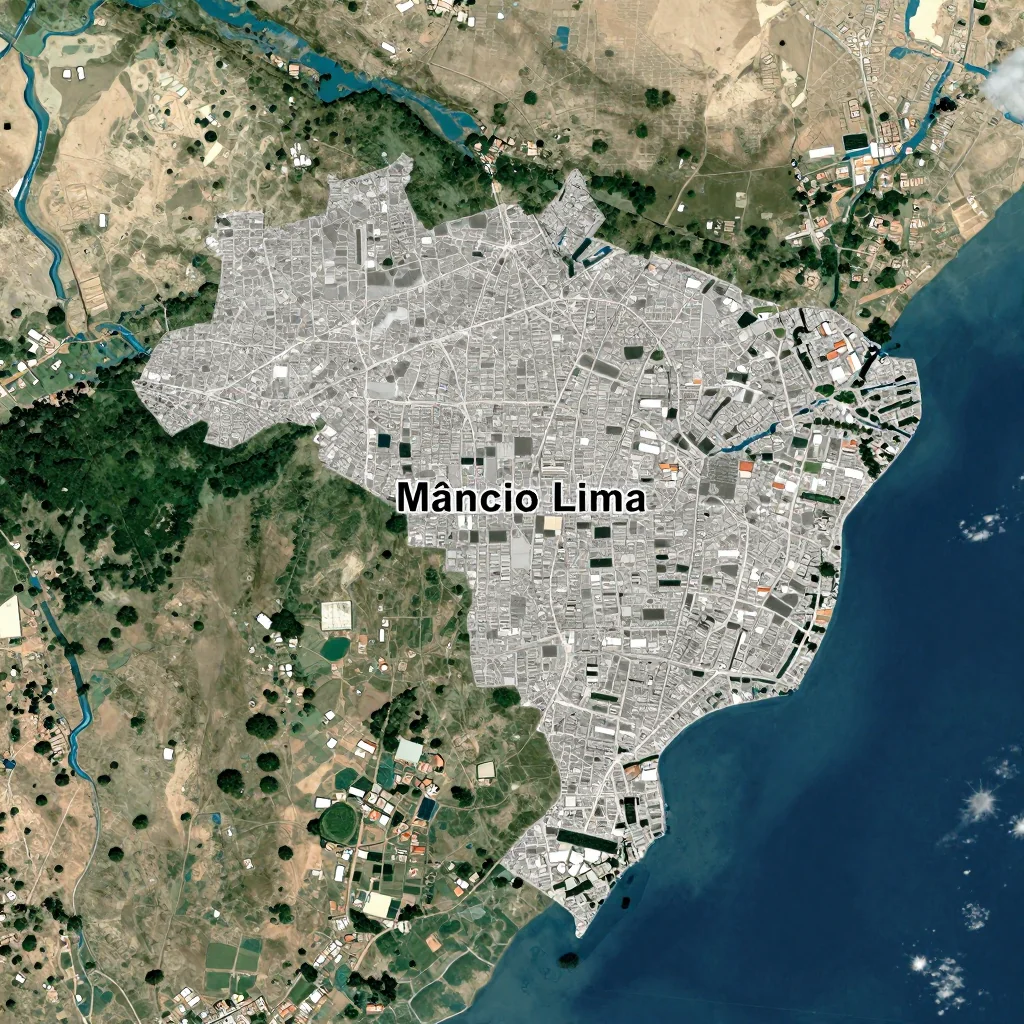 High-resolution satellite image of Mâncio Lima, Brazil showing land cover, urban areas, and natural features from space