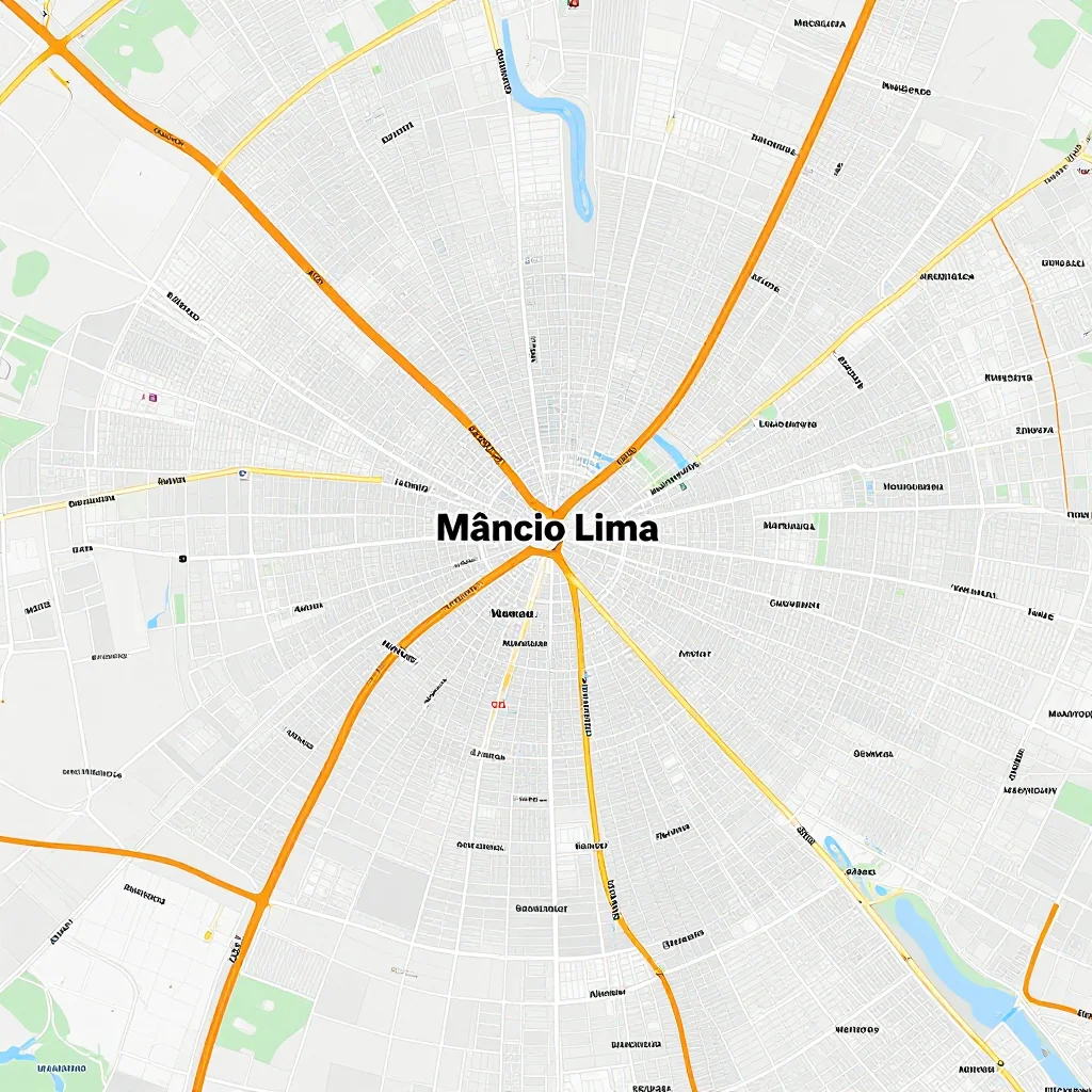 Detailed street map showing roads, highways, neighborhoods, and urban layout of Mâncio Lima, Brazil