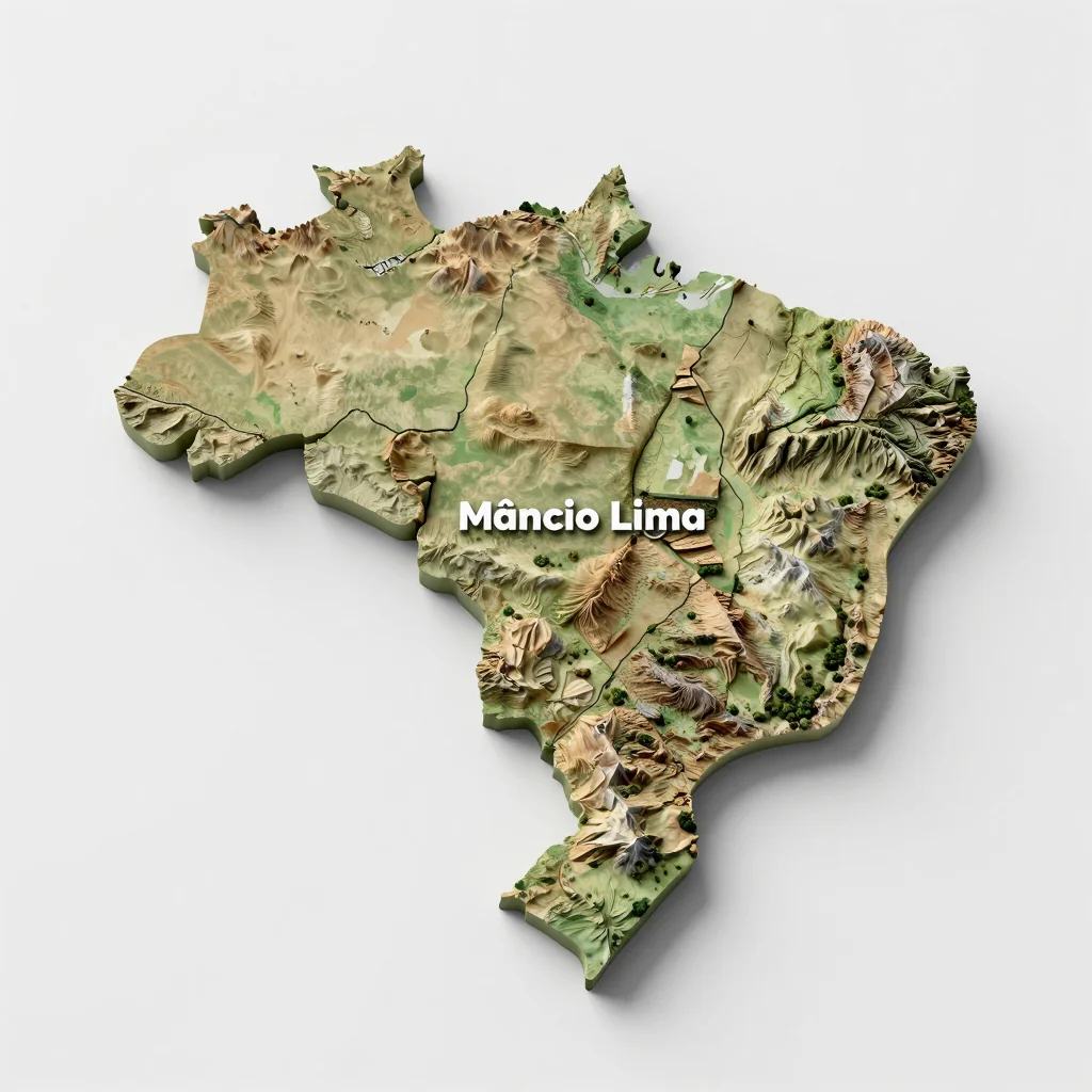 Isometric 3D topographic visualization showing elevation and terrain of Mâncio Lima, Brazil