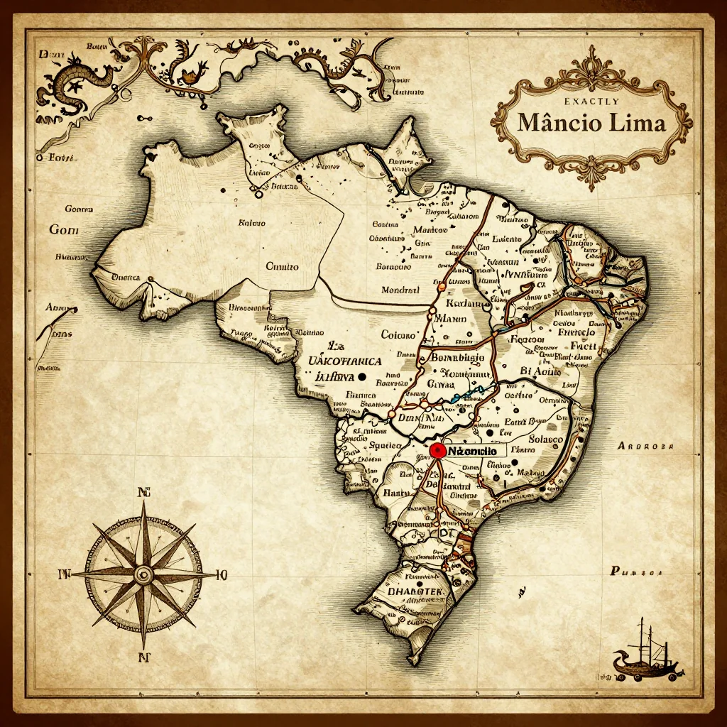 Antique vintage map of Mâncio Lima, Brazil showing historical cartography style