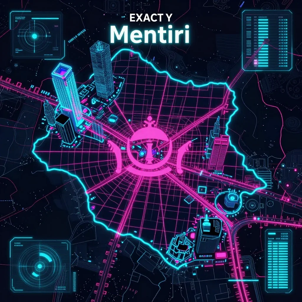 Cyberpunk style digital map of Mentiri, Brunei with neon grid lines and futuristic UI design