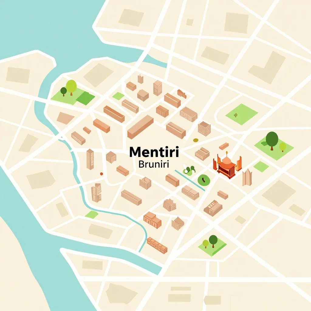 Isometric flat design tourist map of Mentiri, Brunei showing landmarks, attractions, and points of interest