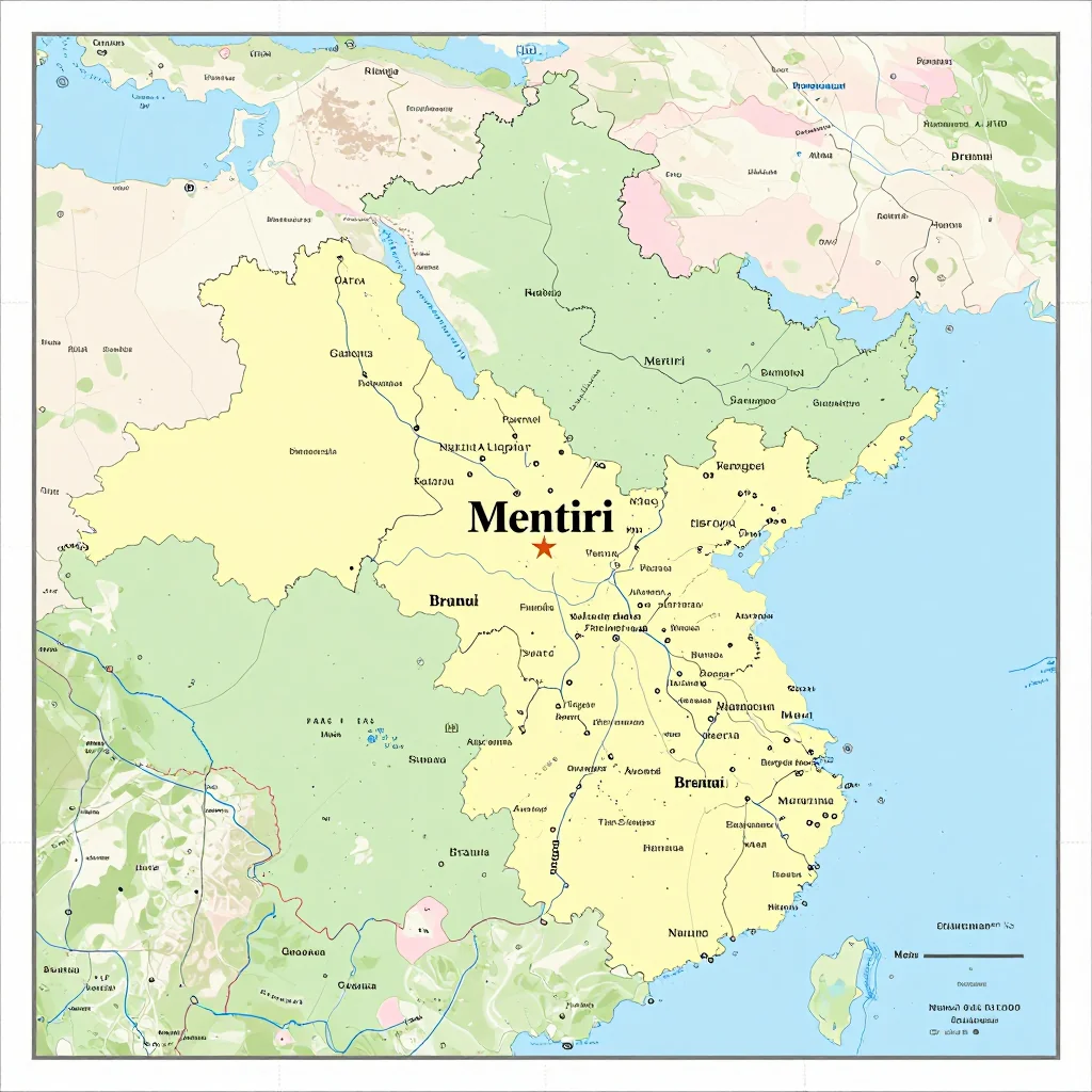 Political map showing borders, administrative divisions, major cities, and capital of Mentiri, Brunei