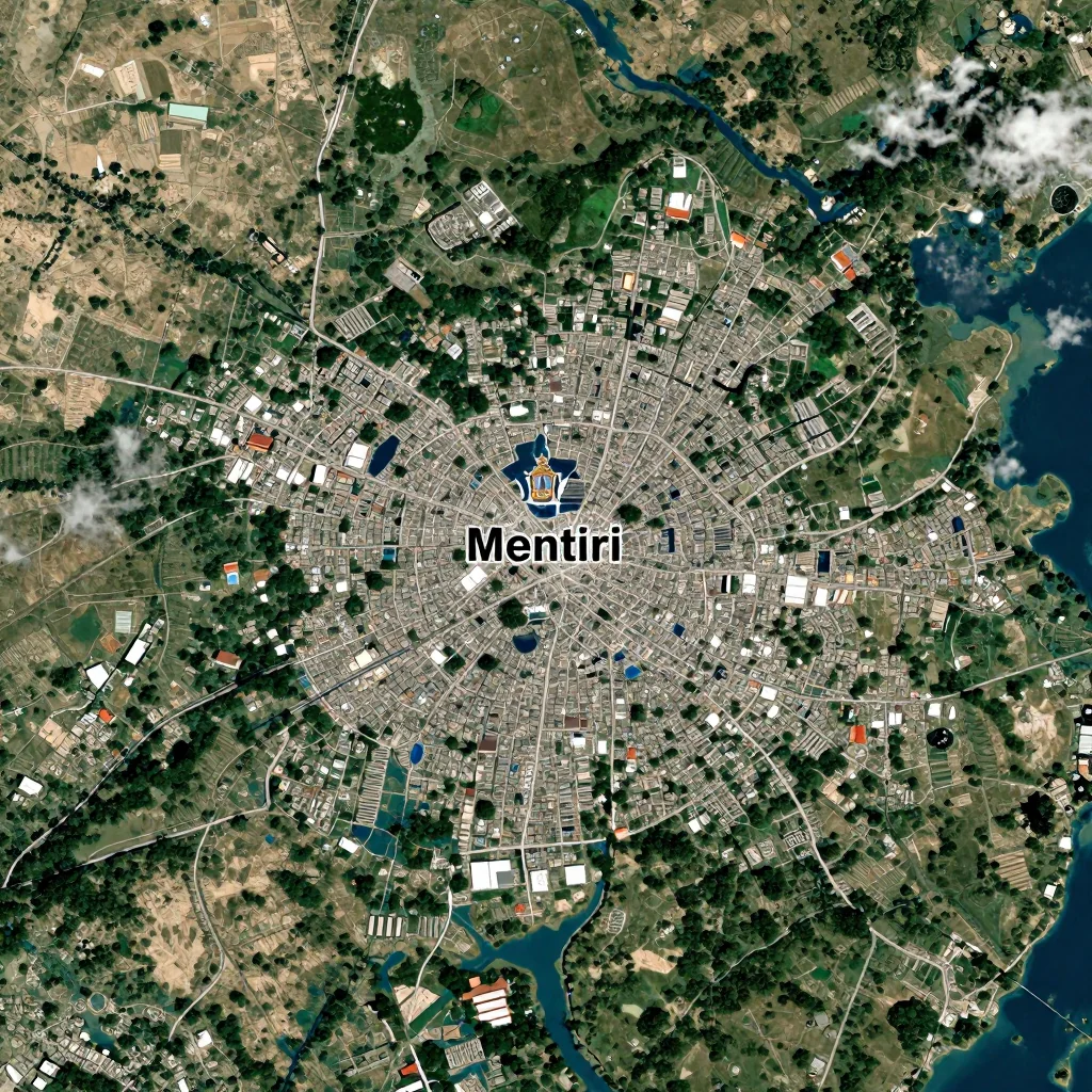 High-resolution satellite image of Mentiri, Brunei showing land cover, urban areas, and natural features from space