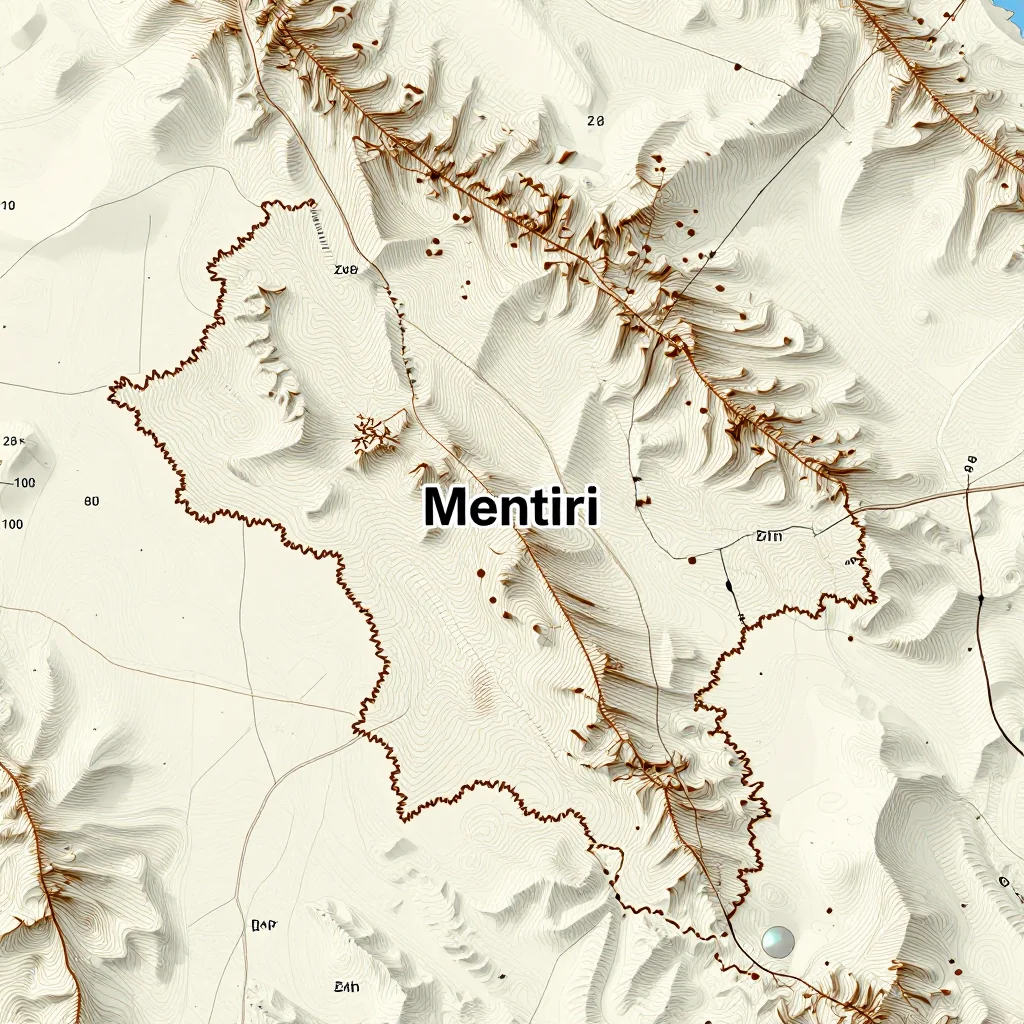 3D topographic map showing elevation contours, mountain ranges, and terrain features of Mentiri, Brunei