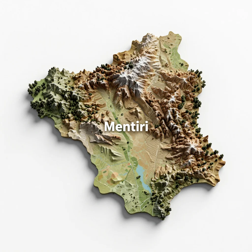 Isometric 3D topographic visualization showing elevation and terrain of Mentiri, Brunei