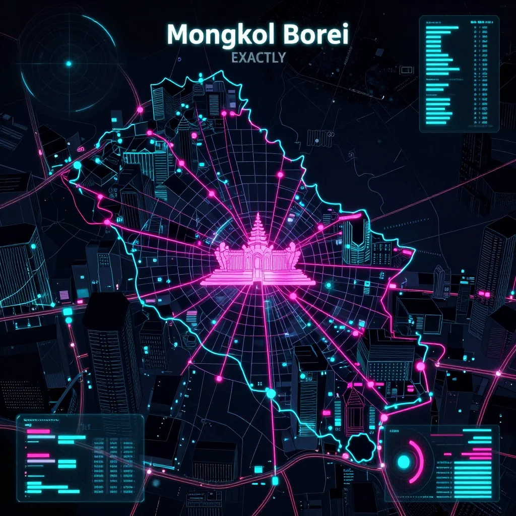 Cyberpunk style digital map of Mongkol Borei, Cambodia with neon grid lines and futuristic UI design