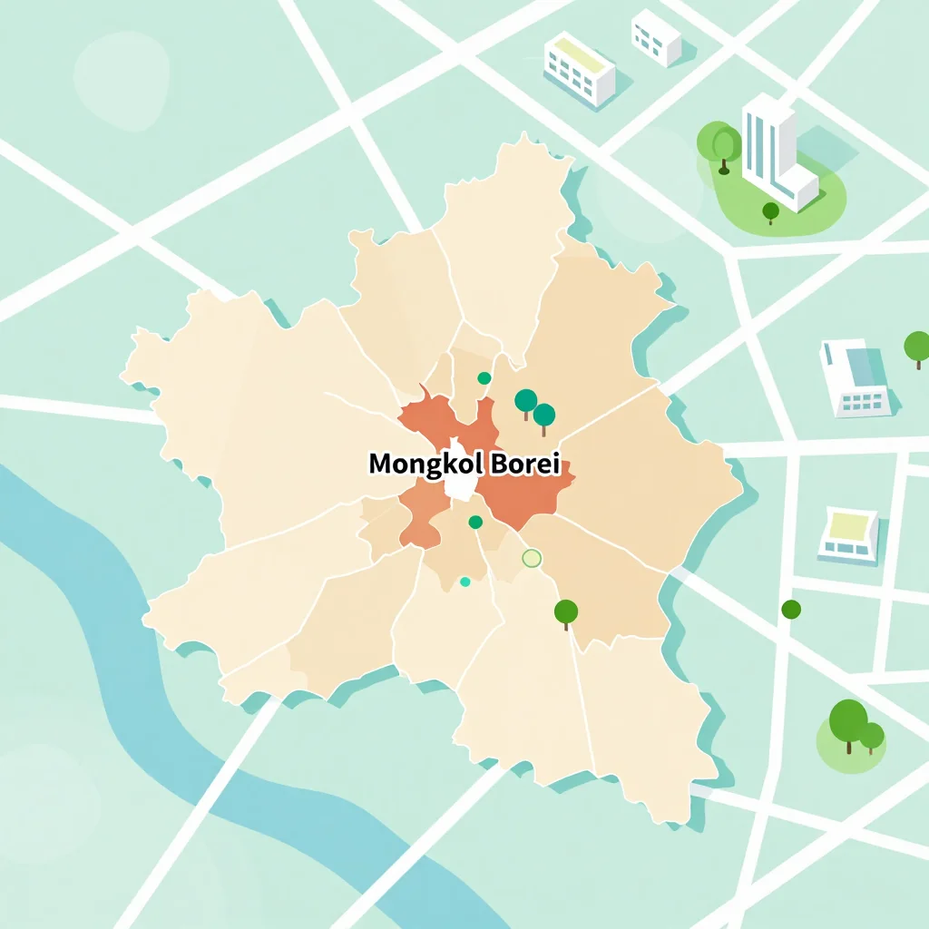 Isometric flat design tourist map of Mongkol Borei, Cambodia showing landmarks, attractions, and points of interest