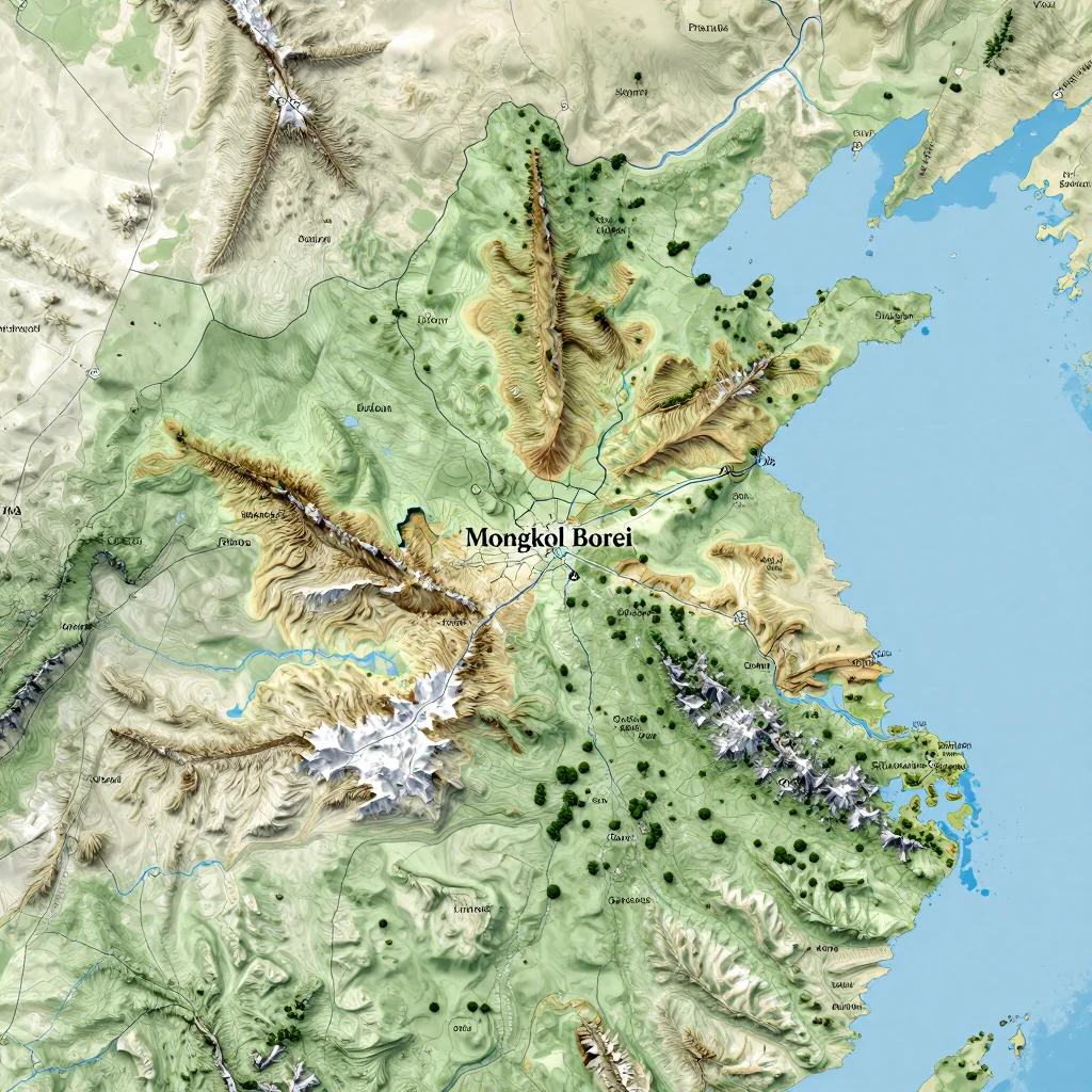 Physical geography map showing terrain, mountains, rivers, and natural features of Mongkol Borei, Cambodia