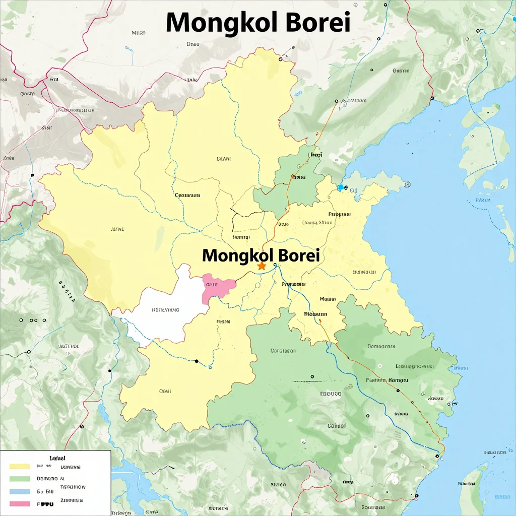 Political map showing borders, administrative divisions, major cities, and capital of Mongkol Borei, Cambodia