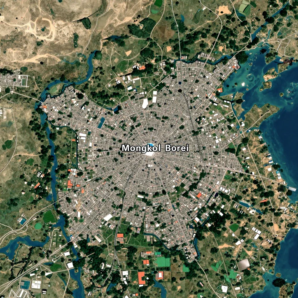 High-resolution satellite image of Mongkol Borei, Cambodia showing land cover, urban areas, and natural features from space
