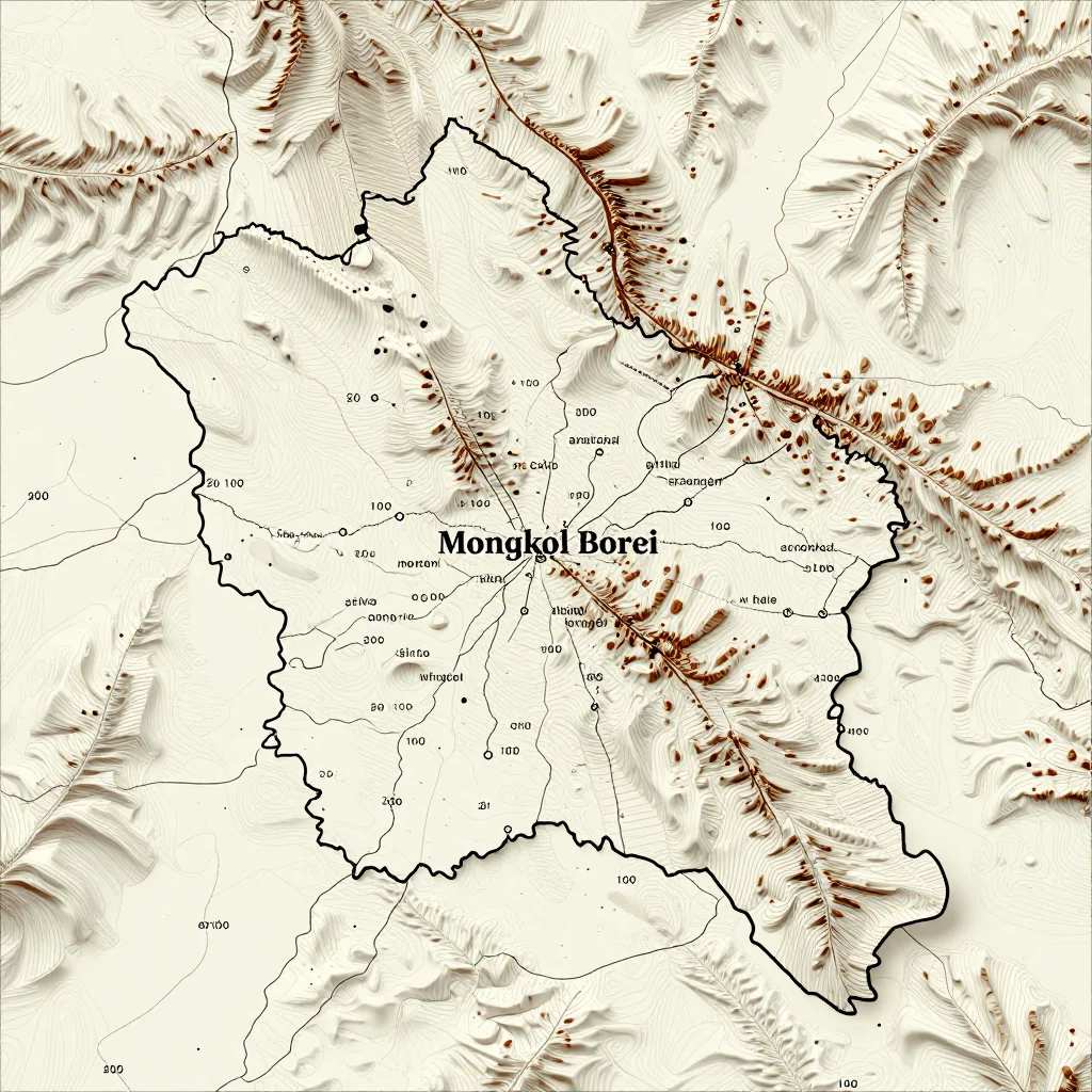 3D topographic map showing elevation contours, mountain ranges, and terrain features of Mongkol Borei, Cambodia