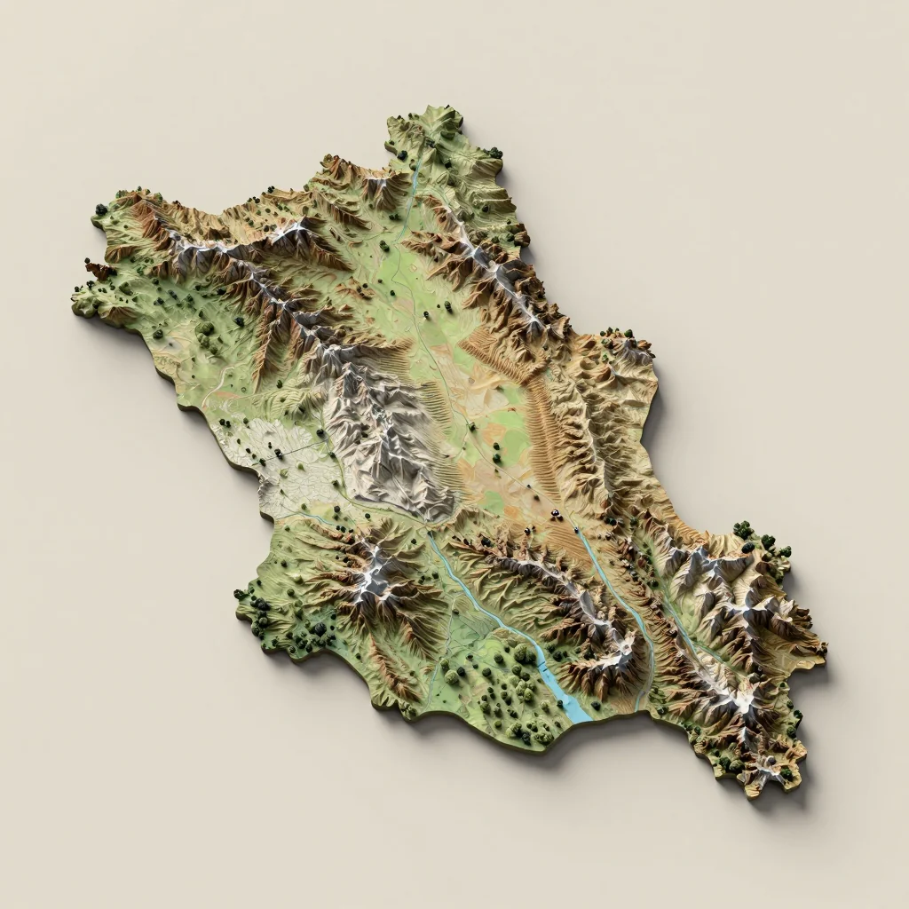 Isometric 3D topographic visualization showing elevation and terrain of Mongkol Borei, Cambodia