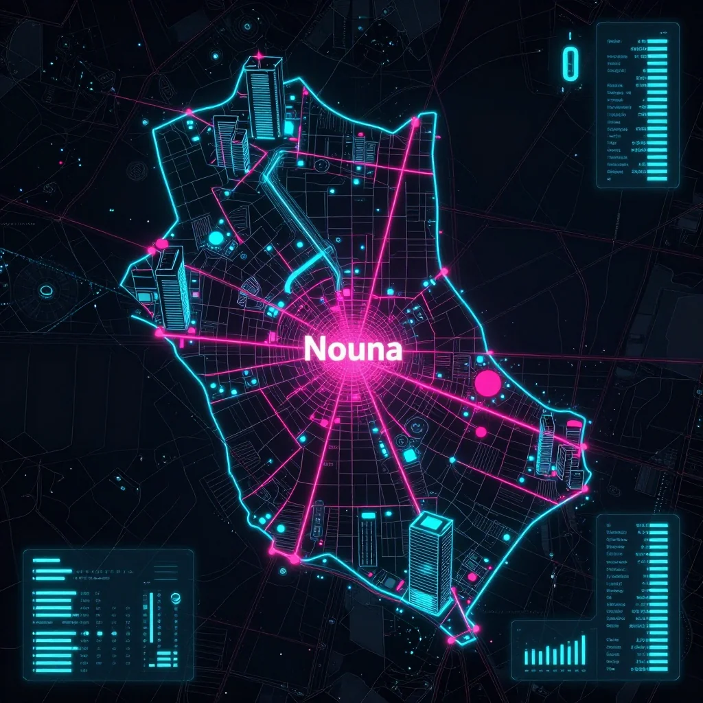 Cyberpunk style digital map of Nouna, Burkina Faso with neon grid lines and futuristic UI design
