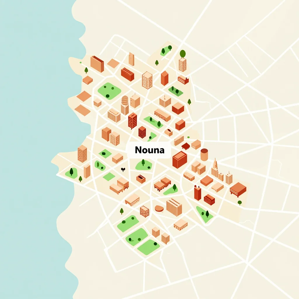 Isometric flat design tourist map of Nouna, Burkina Faso showing landmarks, attractions, and points of interest