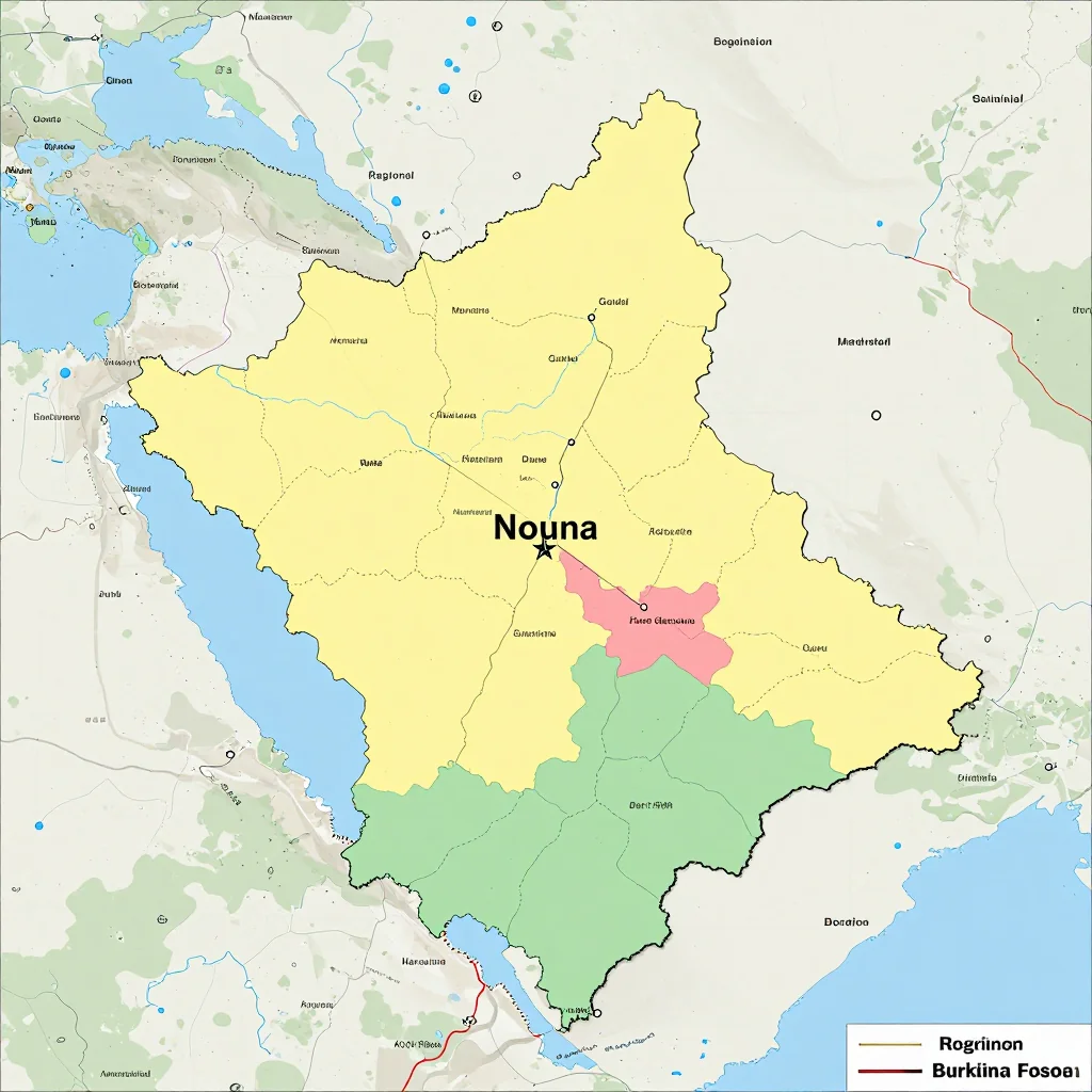 Political map showing borders, administrative divisions, major cities, and capital of Nouna, Burkina Faso