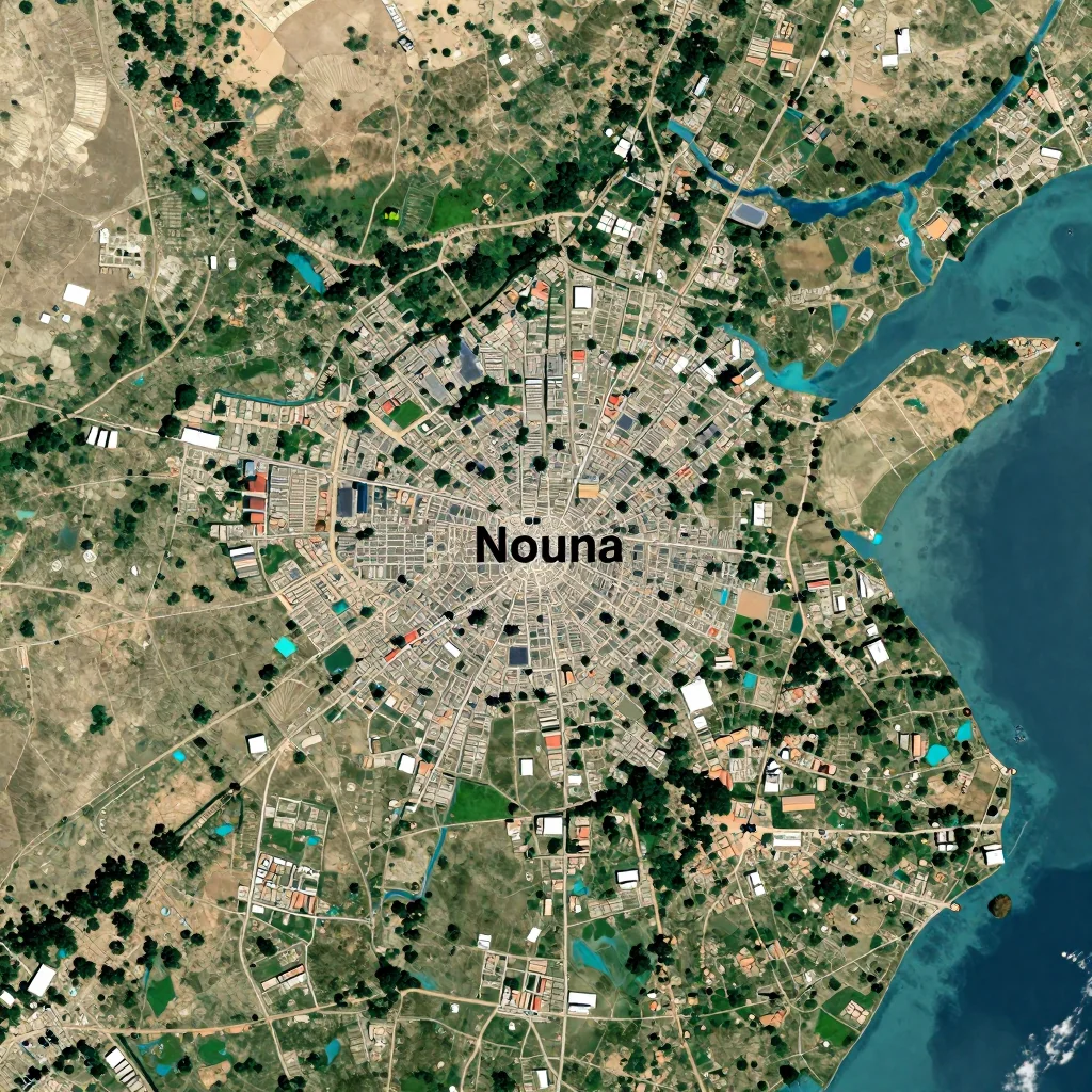 High-resolution satellite image of Nouna, Burkina Faso showing land cover, urban areas, and natural features from space