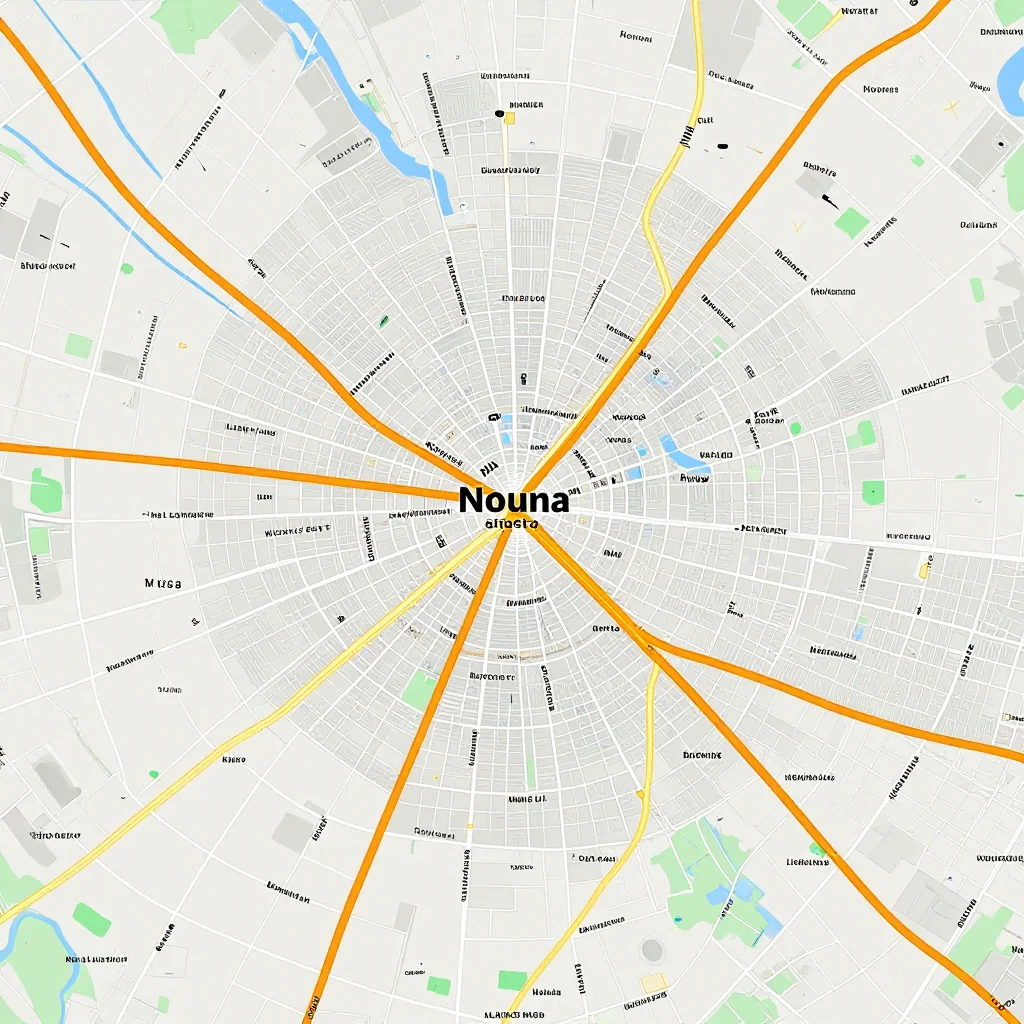 Detailed street map showing roads, highways, neighborhoods, and urban layout of Nouna, Burkina Faso