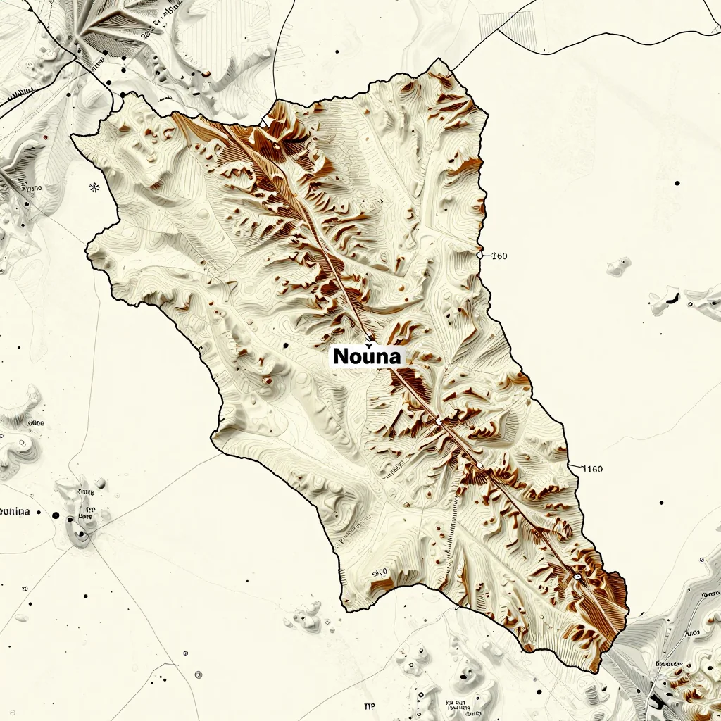 3D topographic map showing elevation contours, mountain ranges, and terrain features of Nouna, Burkina Faso
