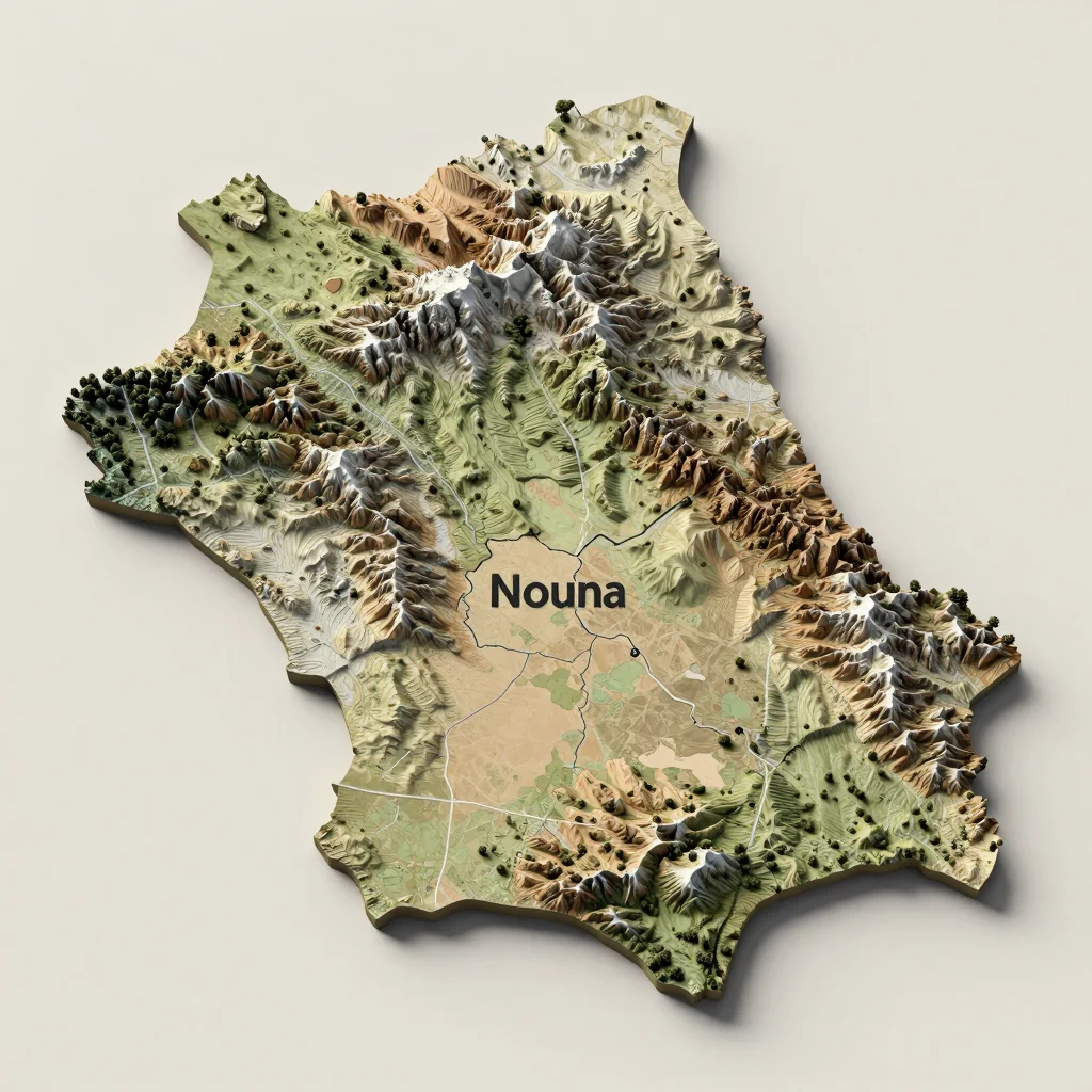 Isometric 3D topographic visualization showing elevation and terrain of Nouna, Burkina Faso