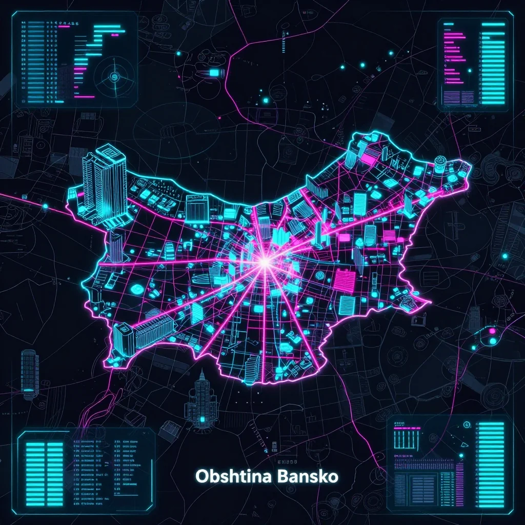 Cyberpunk style digital map of Obshtina Bansko, Bulgaria with neon grid lines and futuristic UI design