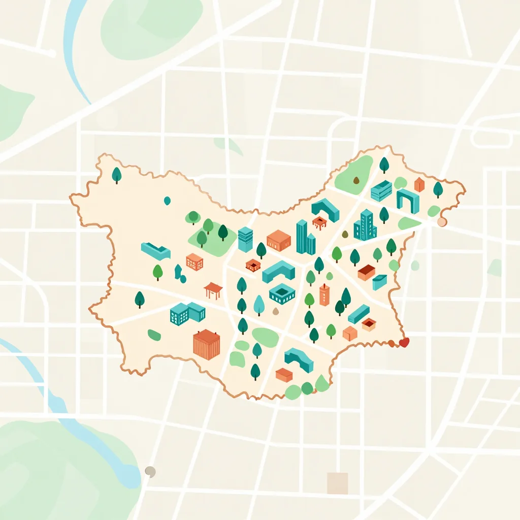Isometric flat design tourist map of Obshtina Bansko, Bulgaria showing landmarks, attractions, and points of interest