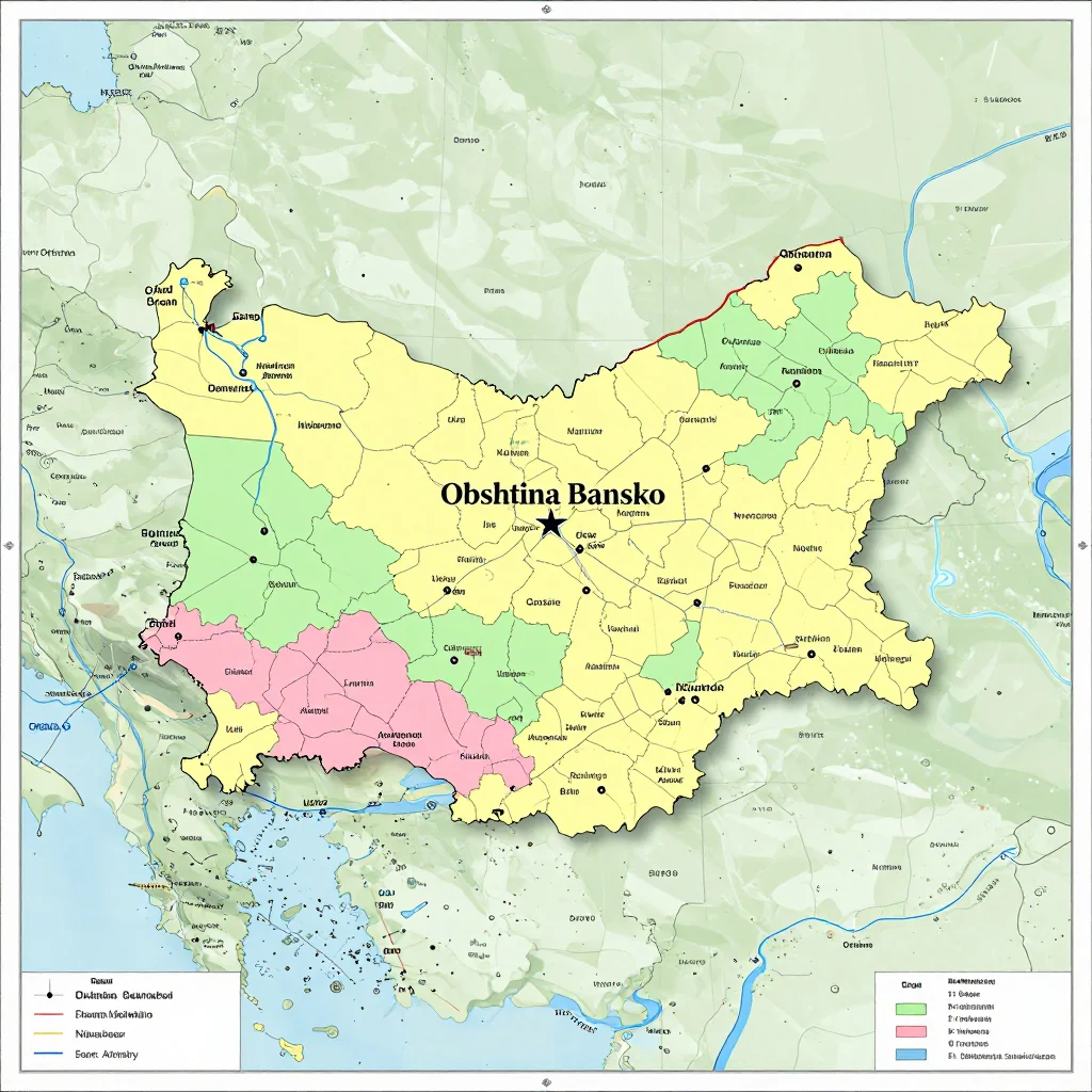 Political map showing borders, administrative divisions, major cities, and capital of Obshtina Bansko, Bulgaria