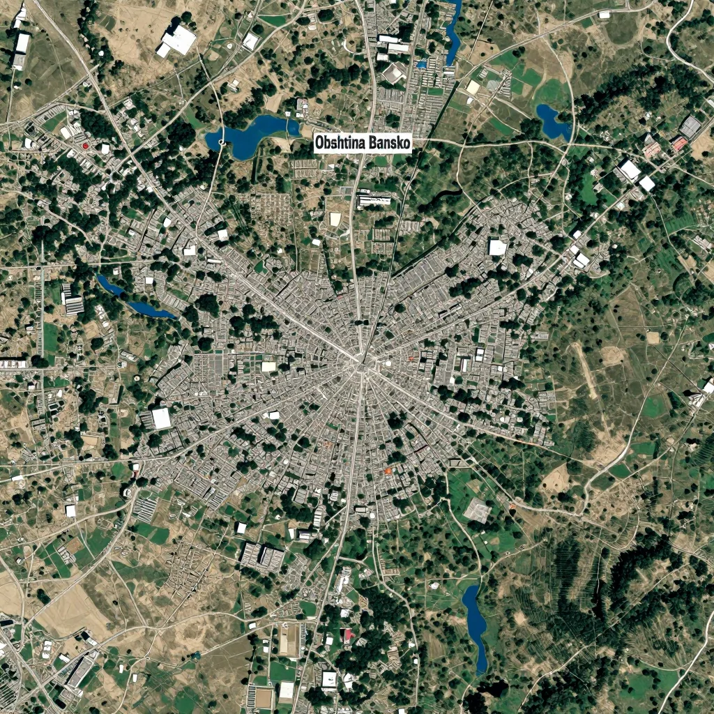 High-resolution satellite image of Obshtina Bansko, Bulgaria showing land cover, urban areas, and natural features from space