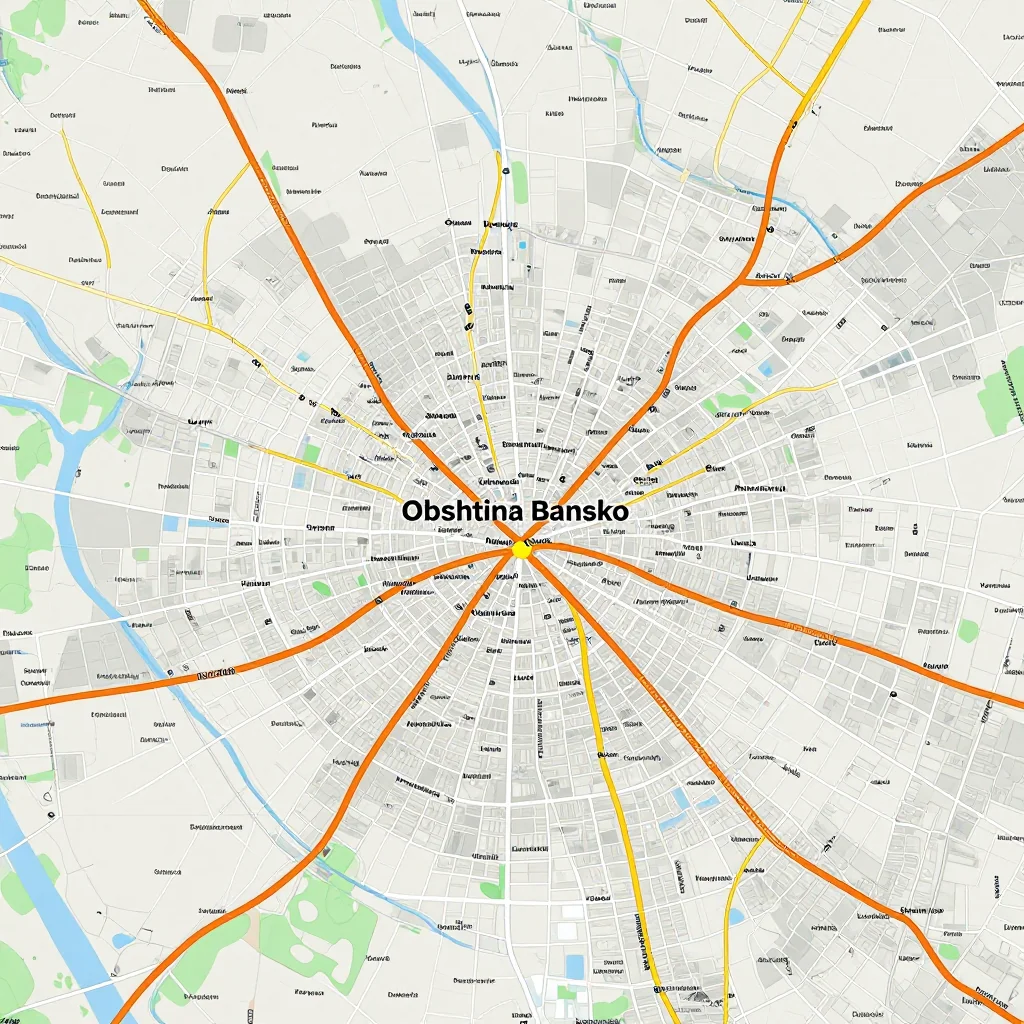 Detailed street map showing roads, highways, neighborhoods, and urban layout of Obshtina Bansko, Bulgaria