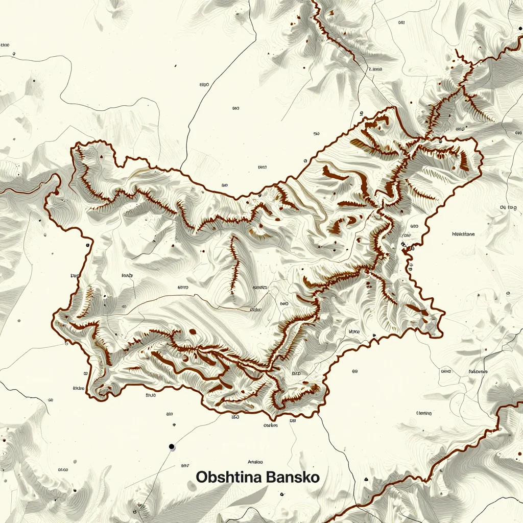 3D topographic map showing elevation contours, mountain ranges, and terrain features of Obshtina Bansko, Bulgaria