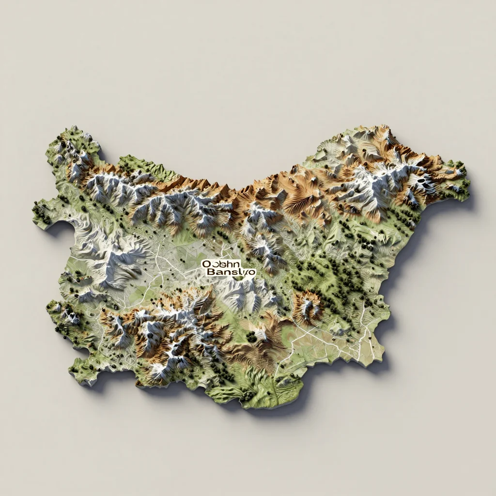Isometric 3D topographic visualization showing elevation and terrain of Obshtina Bansko, Bulgaria