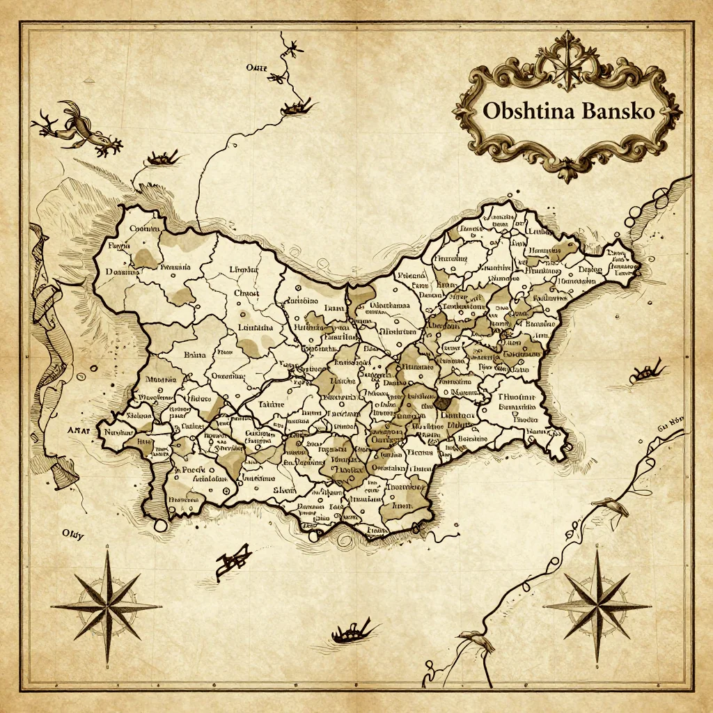 Antique vintage map of Obshtina Bansko, Bulgaria showing historical cartography style
