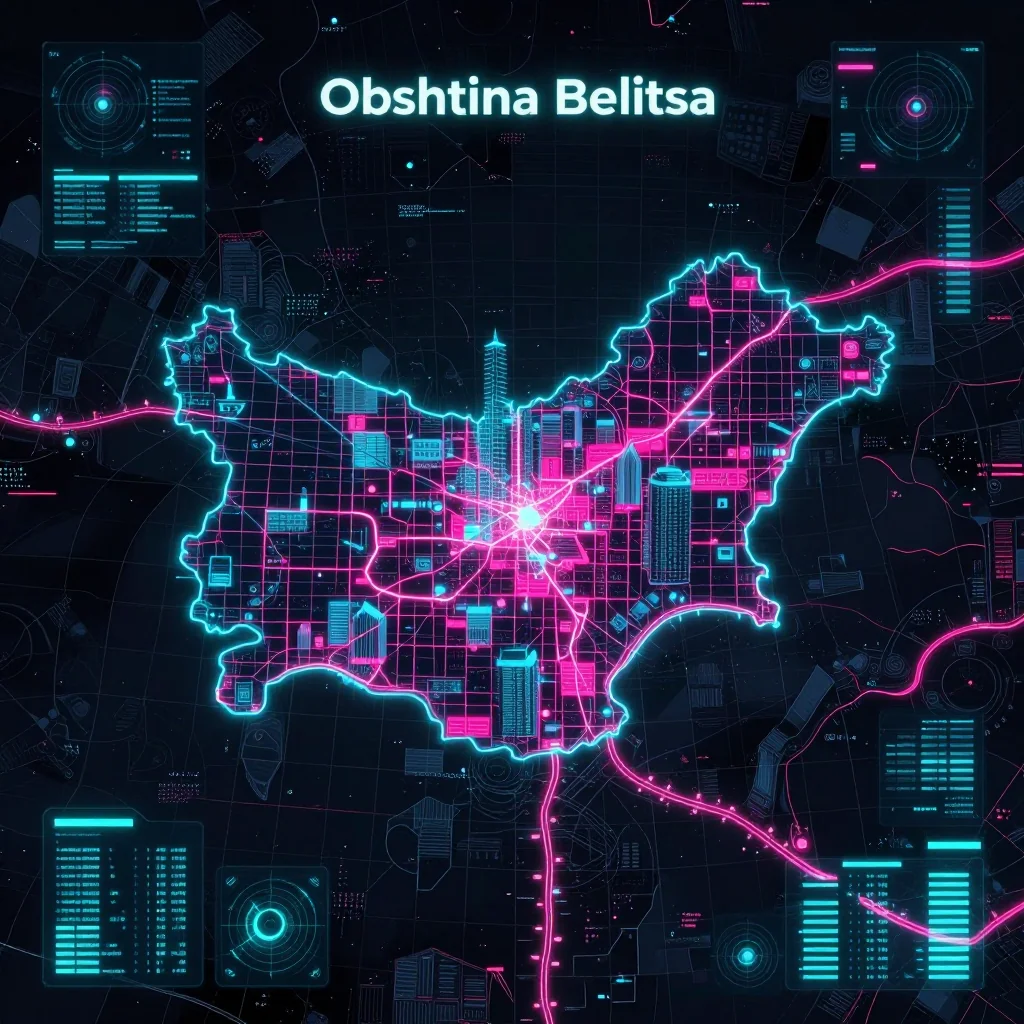 Cyberpunk style digital map of Obshtina Belitsa, Bulgaria with neon grid lines and futuristic UI design