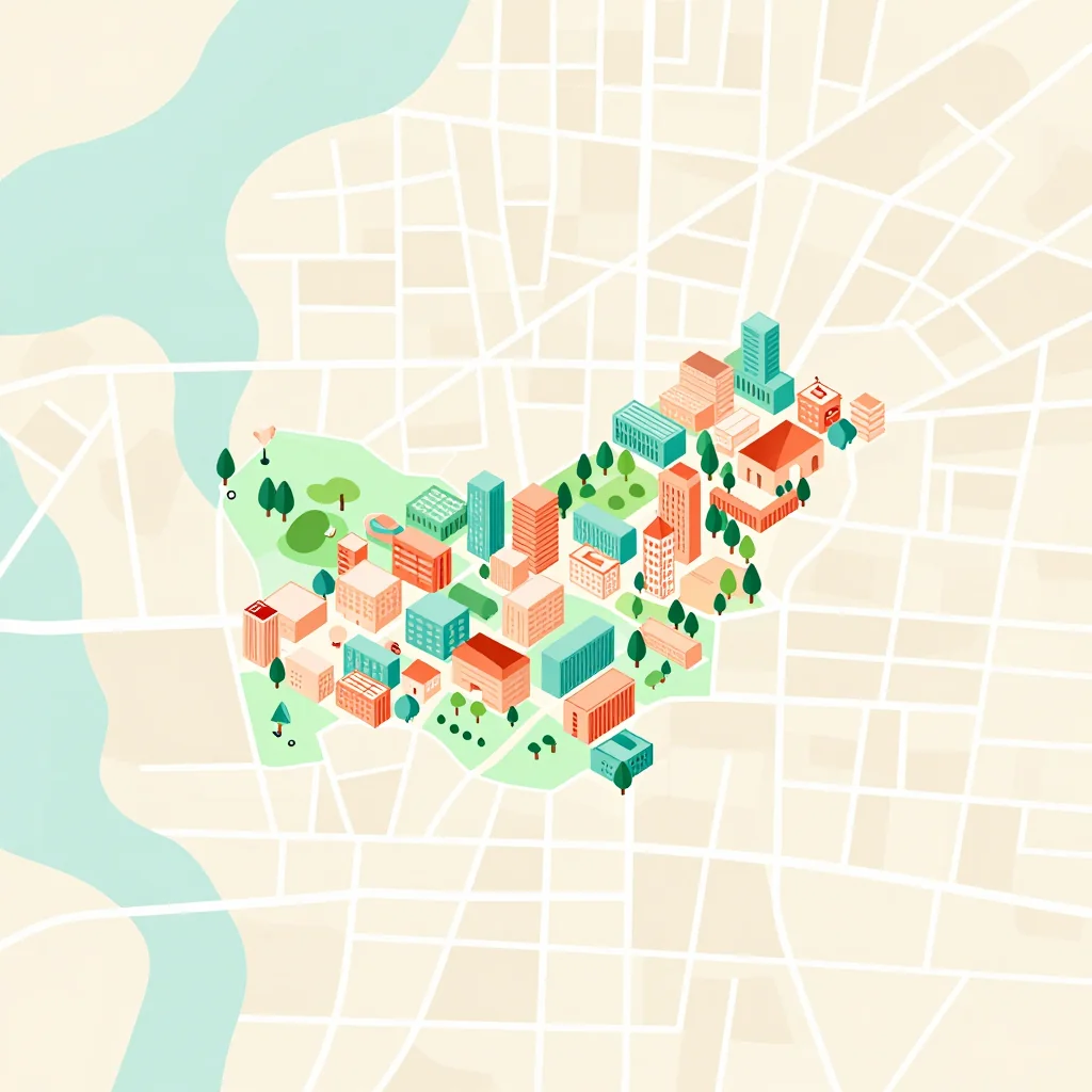 Isometric flat design tourist map of Obshtina Belitsa, Bulgaria showing landmarks, attractions, and points of interest