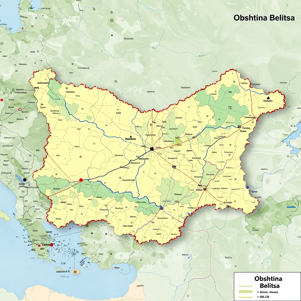 Political map showing borders, administrative divisions, major cities, and capital of Obshtina Belitsa, Bulgaria