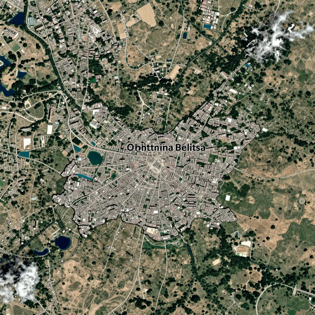 High-resolution satellite image of Obshtina Belitsa, Bulgaria showing land cover, urban areas, and natural features from space