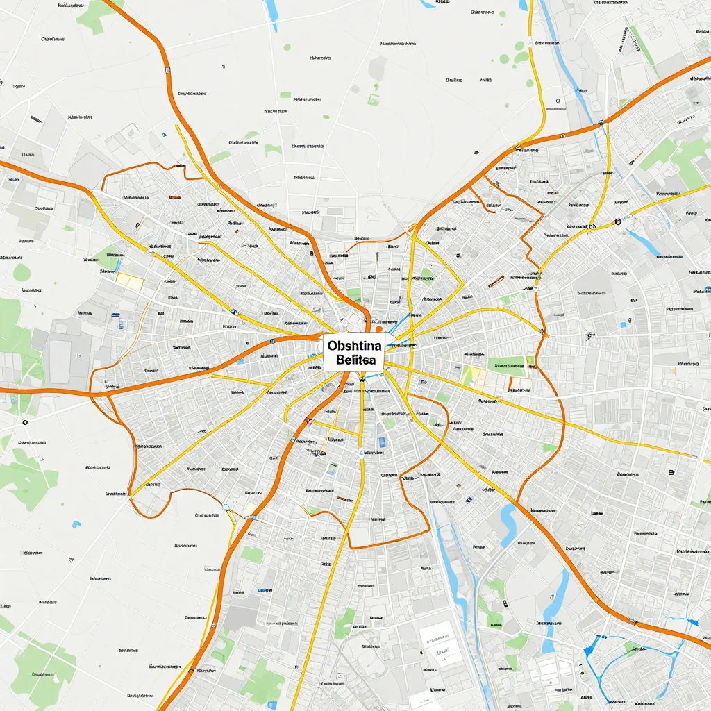 Detailed street map showing roads, highways, neighborhoods, and urban layout of Obshtina Belitsa, Bulgaria