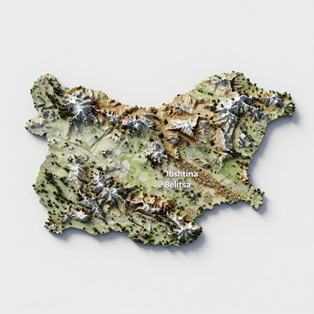 Isometric 3D topographic visualization showing elevation and terrain of Obshtina Belitsa, Bulgaria