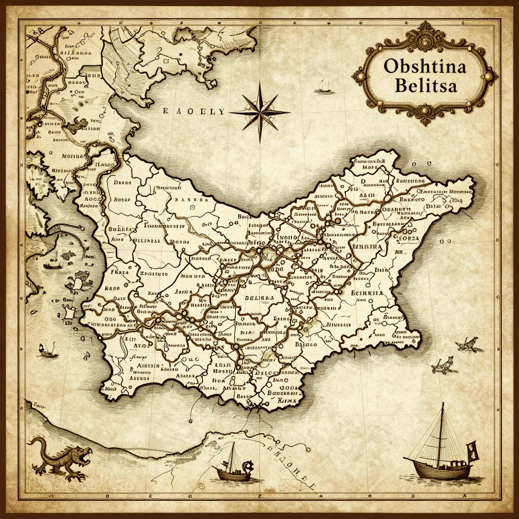 Antique vintage map of Obshtina Belitsa, Bulgaria showing historical cartography style