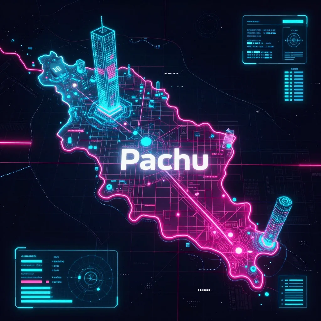 Cyberpunk style digital map of Pachu, Bhutan with neon grid lines and futuristic UI design