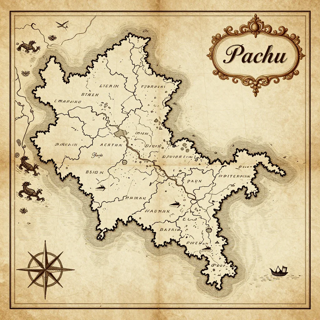 Antique vintage map of Pachu, Bhutan showing historical cartography style