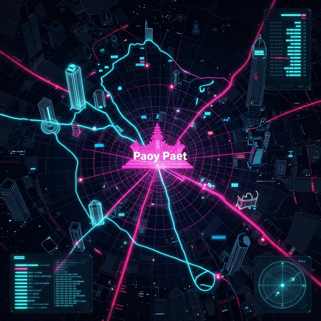 Cyberpunk style digital map of Paoy Paet, Cambodia with neon grid lines and futuristic UI design