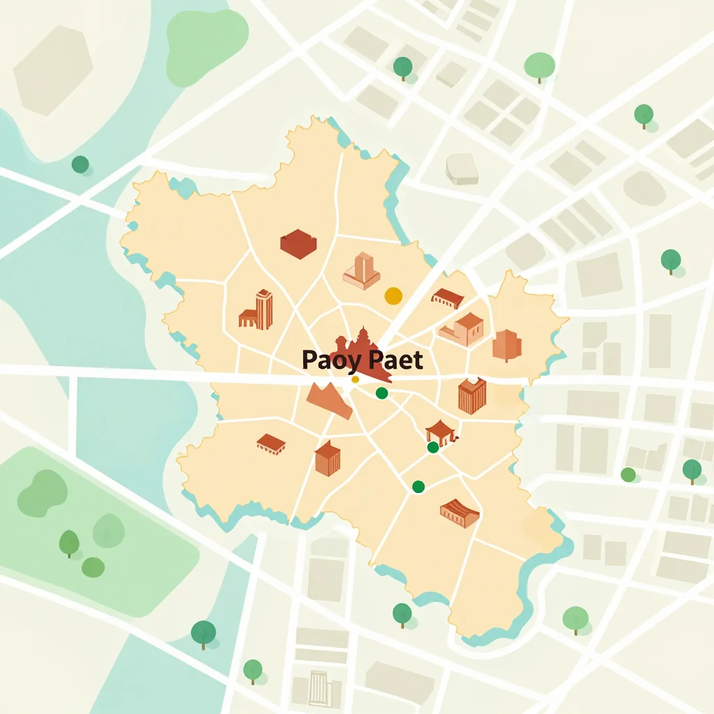 Isometric flat design tourist map of Paoy Paet, Cambodia showing landmarks, attractions, and points of interest