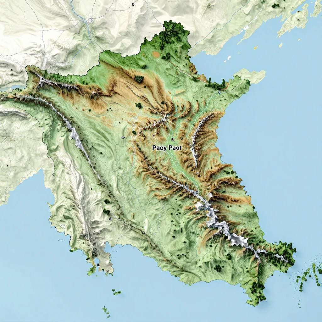 Physical geography map showing terrain, mountains, rivers, and natural features of Paoy Paet, Cambodia
