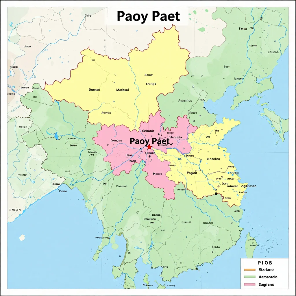 Political map showing borders, administrative divisions, major cities, and capital of Paoy Paet, Cambodia